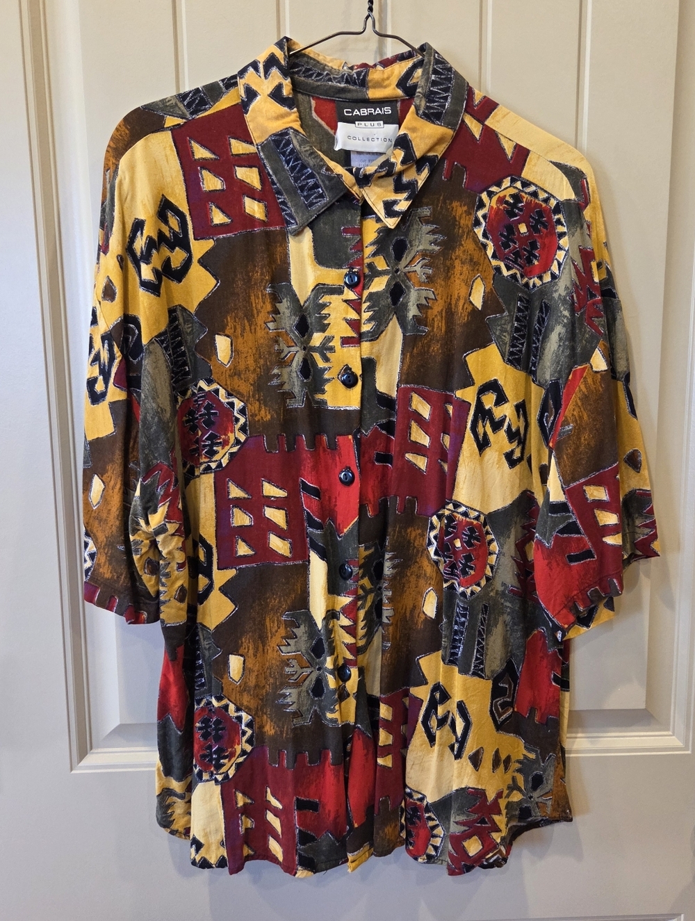 Vintage Cabrais Plus Collection 100% Rayon Abstract Geometric Button Up 22W